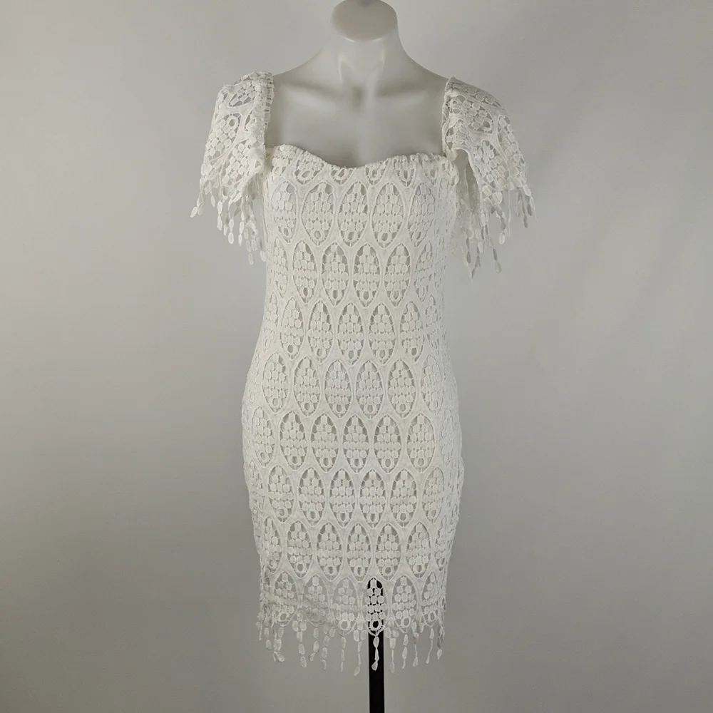 Lioness Dress Size Medium White Lined Cap Sleeves Zip-up Back Lace Fringe BNWT - Picture 2 of 8